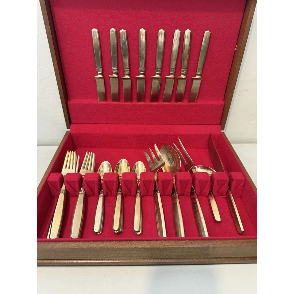 Vintage‎ Thai Brass Flatware Set. Service For 8 29 Piece Set Gold Tone with Case